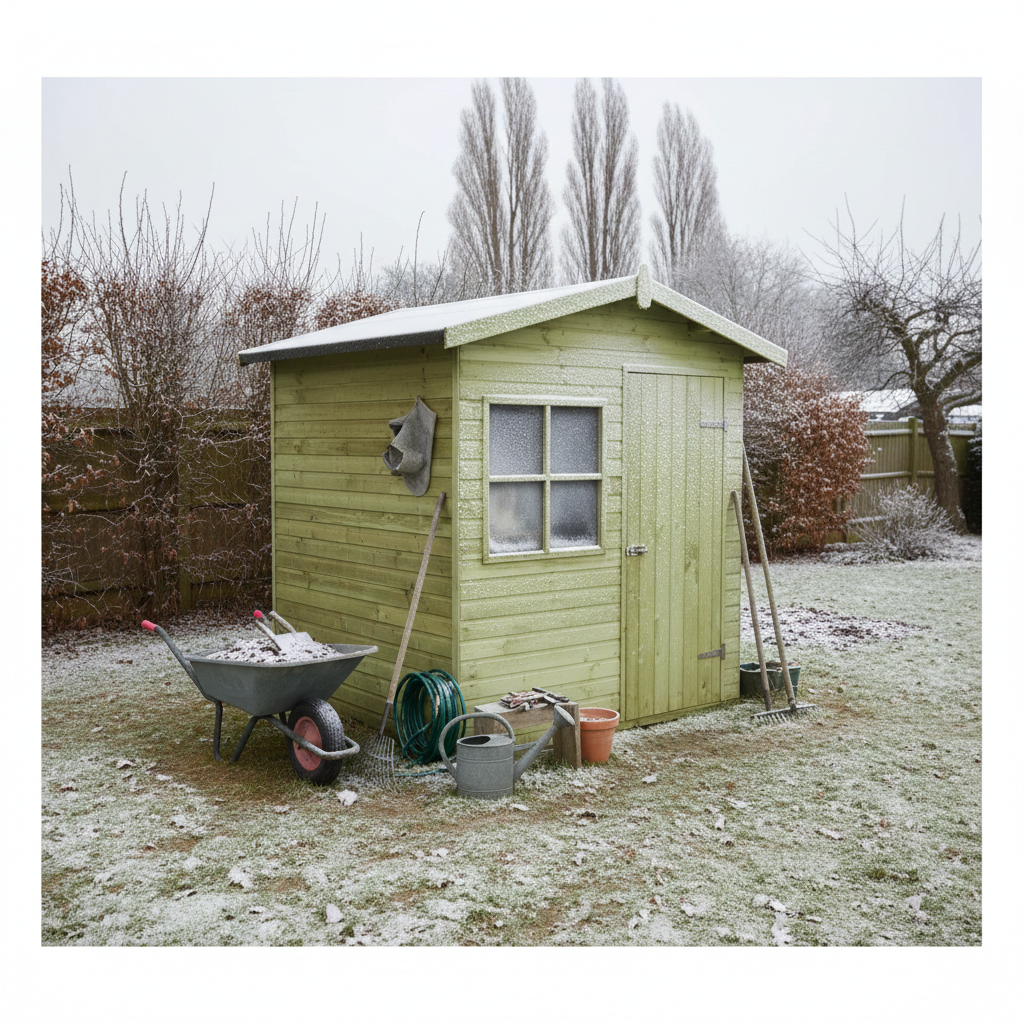 Domek narzędziowy w zimowej scenerii